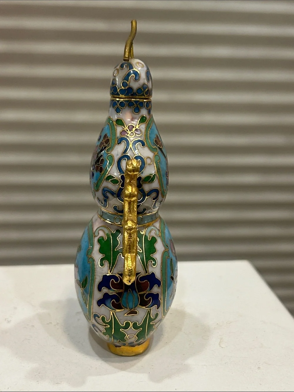 Decorative Turquoise Cloisonné Gourd Vase with Gold Accents